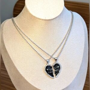 NEW ❤️BFF Necklace gift set Black enamel silver steel rhinestone ball chain Y2K